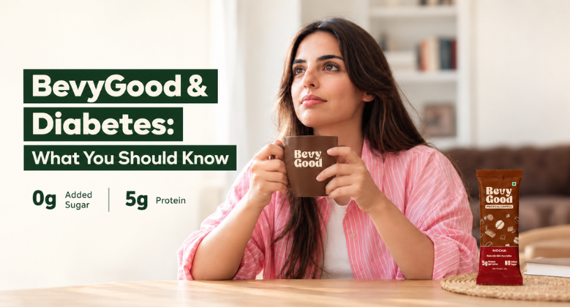 A realistic Indian person enjoying a cup of BevyGood at home or work, with the BevyGood pack/cup visible. In the background, subtly show nutrition-label elements such as 0g Added Sugar and 5g Protein.